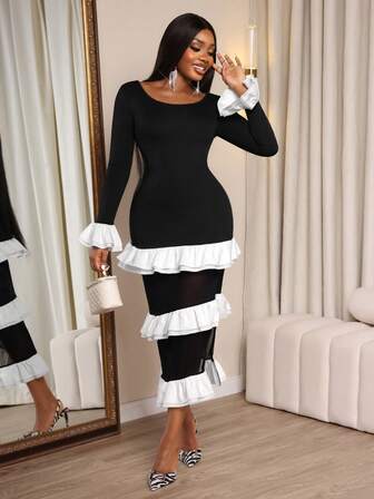 Xyvia Women's Elegant Vintage Mesh Patchwork Ruffle Flare Sleeve Fitted Ankle-Length Dress, Suitable For Daily Wear, Weddings, Galas, Commuting, Graduation Parties, Holidays, Dates, Parties, Halloween, Christmas, New Year, Thanksgiving