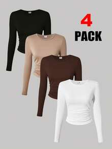 SHEIN Sparklyn Bốn chiếc áo thun dài tay ôm sát, nhiều màu sắc, phù hợp cho các bé gái tuổi teen. Áo thun cổ tròn, dệt kim, co giãn cao, ôm sát, dáng ngắn, hoàn hảo cho trang phục thường ngày và nhiều lớp áo đa năng, phù hợp cho mùa xuân và mùa thu. - Nhiều màu - Xem 1
