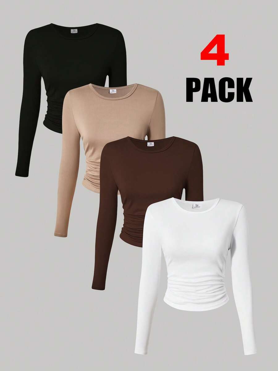 SHEIN Sparklyn Bốn chiếc áo thun dài tay ôm sát, nhiều màu sắc, phù hợp cho các bé gái tuổi teen. Áo thun cổ tròn, dệt kim, co giãn cao, ôm sát, dáng ngắn, hoàn hảo cho trang phục thường ngày và nhiều lớp áo đa năng, phù hợp cho mùa xuân và mùa thu. - Nhiều màu - Xem 1