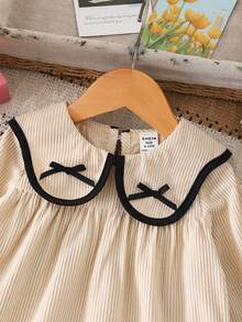 SHEIN Baby Girls Ruffled Collar Patchwork Dress With Ruffle Hem And 3D Bow Accent, Casual Cute & Elegant Daily Wear - Apricot - View 3