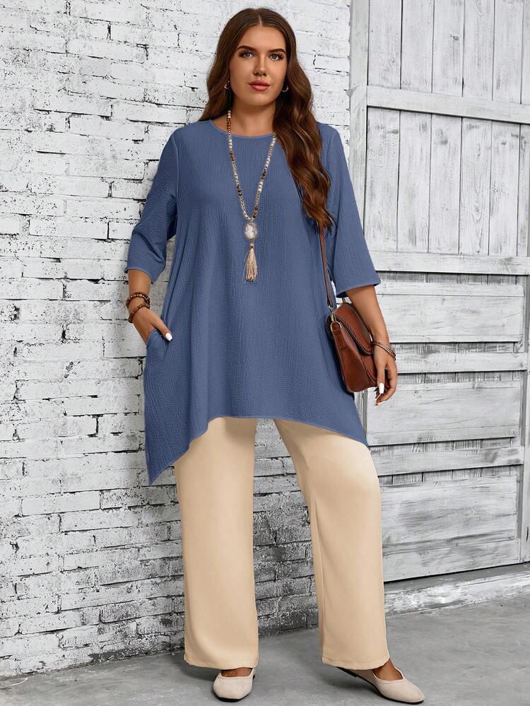 Plus Size Women Round Neck 3/4 Sleeve Asymmetric Hem Casual White Shirt, Spring & Summer Fall Women Clothes