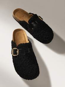 Solecia Women's Flat Slip-On Casual Shoes, Plush Fashion Versatile Comfortable Half-Covered Mules, Champagne Color Metal Buckle, Autumn/Winter For Christmas - Black - View 3