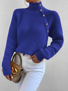 Elenzga Women's Casual Daily Button Decor Turtleneck Ribbed Knit Sweater, Autumn/Winter - Blue - View 6