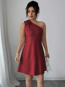 Elenzga Plus Size Women's Elegant Burgundy Summer Midi Dress,Linen Blend One Shoulder Asymmetric Sleeveless Loose Solid Dress For Party Wedding Vacation - Burgundy - View 5