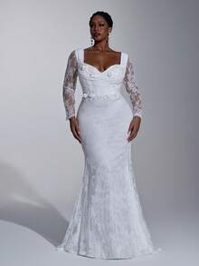 Elitara Robe de mariée grande taille sexy blanche à col profond drapé, manches longues, encolure transparente, décoration appliquée, ourlet sirène avec traîne - Blanc - Voir 3