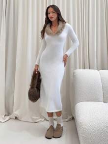 Aloruh Romantic Date Fitted Long Sleeve Turtleneck Maxi Sweater Dress, Apricot, Versatile For Layering, Autumn/Winter - Apricot - View 3