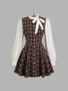 Sweetra Đầm kẻ caro tay dài/chân váy ngắn dáng ôm eo thắt nơ kiểu Pháp thanh lịch 2 trong 1 dành cho nữ, thích hợp cho mùa xuân, mùa thu, mùa đông, trở lại trường, tiệc tùng - Nhiều màu - Xem 4