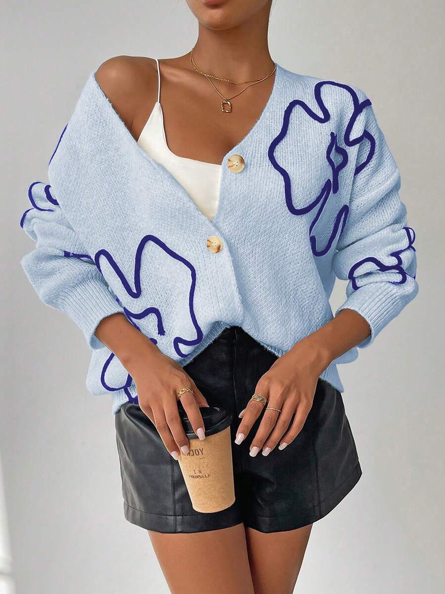 SHEIN Unity Cardigan Rajut Kasual Lengan Panjang dengan Bahu Longgar dan Kancing Depan untuk Wanita - Baby Blue - View 1