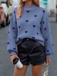 SHEIN LUNE Heart Pattern Crew Neck Casual Long Sleeve Sweater, Autumn/Winter - Blue - View 5