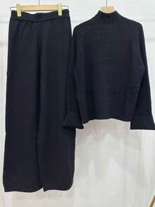 Chiquease 2 件杏色女式针织毛衣套装，罗纹奶油色套头衫和裤子休闲简约装 - 黑色 - 查看 2