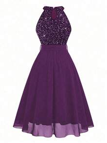 DreamSkyne Plus Size Women Sleeveless Patchwork Sequin Embellished Elegant Dress Maxi Women Outfit - Purple - View 4