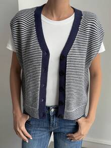 Livesso Women's Striped Sleeveless Sweater Vest, Autumn/Winter - Blue - View 3