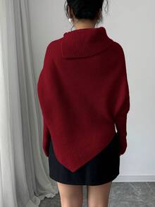 Elenzga 女士经典不对称蝙蝠袖纯色高领针织毛衣，时尚百搭，适合假日和度假穿着 - 紅色 - 查看 2