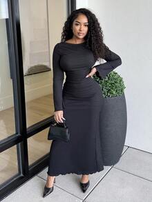 Alexandranx 纯色合身喇叭袖口长袖优雅连衣裙 - 黑色 - 查看 1