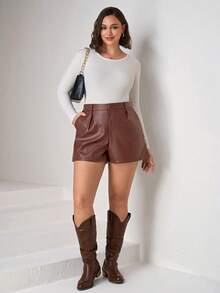 Chikora Plus Size Solid Color Pleated Waist Belt Loop Straight Loose Casual Shorts - Camel - View 5