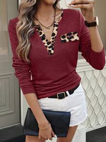 EMERY ROSE Áo thun tay dài cổ khoét đơn giản họa tiết da báo đơn sắc dành cho nữ, họa tiết da báo, họa tiết vát chéo, họa tiết hàng ngày, dành cho mùa xuân - Màu Đỏ Sâu - Xem 1