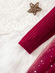 年轻女孩优雅丝绒红色网纱长袖连衣裙 - 彩色 - 查看 6