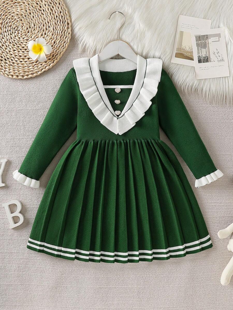 Souflis Souflis 女童可爱心形纽扣毛衣连衣裙 - 荷叶边领口，甜美公主风，秋冬款 - 墨綠色 - 查看 1