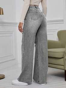 SHEIN EZwear Jeans délavés bleu denim taille haute déchirés à jambe large - Gris pâle - Voir 2