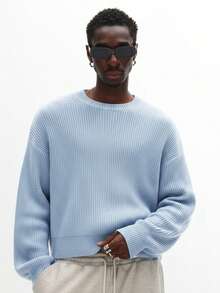 SUMWON Ribbed Knit Cropped Sweater With Round Neckline Long Sleeves Fitted Silhouette Textured Jumper Fall Winter Layering Essential - Blue - View 3