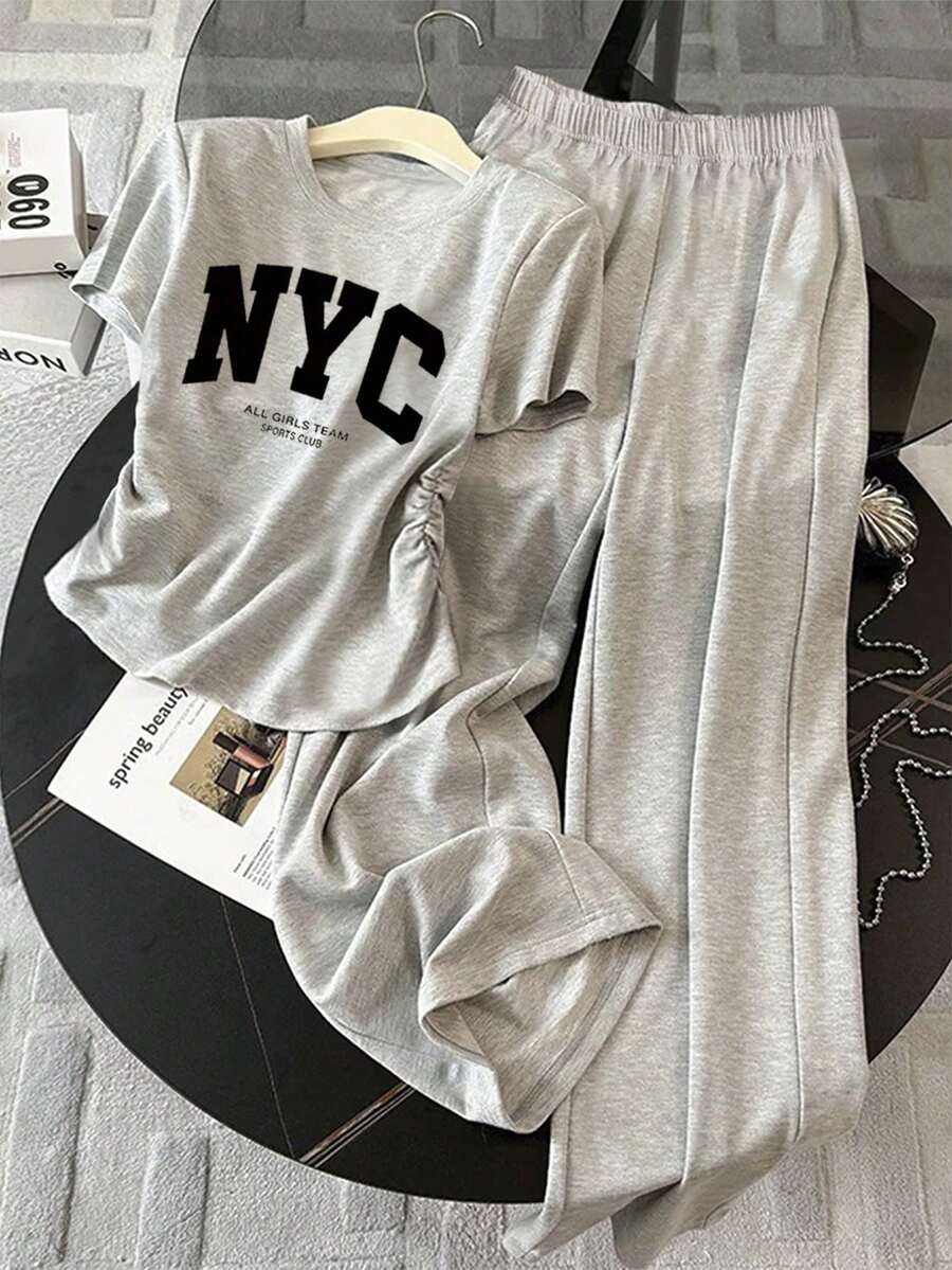 Resyla Women's Simple Printed Crew Neck Short Sleeve Top And Solid Color Pants 2-Piece Set - Grey - View 1