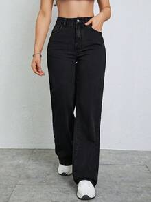 SHEIN ICON 大码女式弹力腰复古黑色直筒牛仔裤 - 黑色 - 查看 3