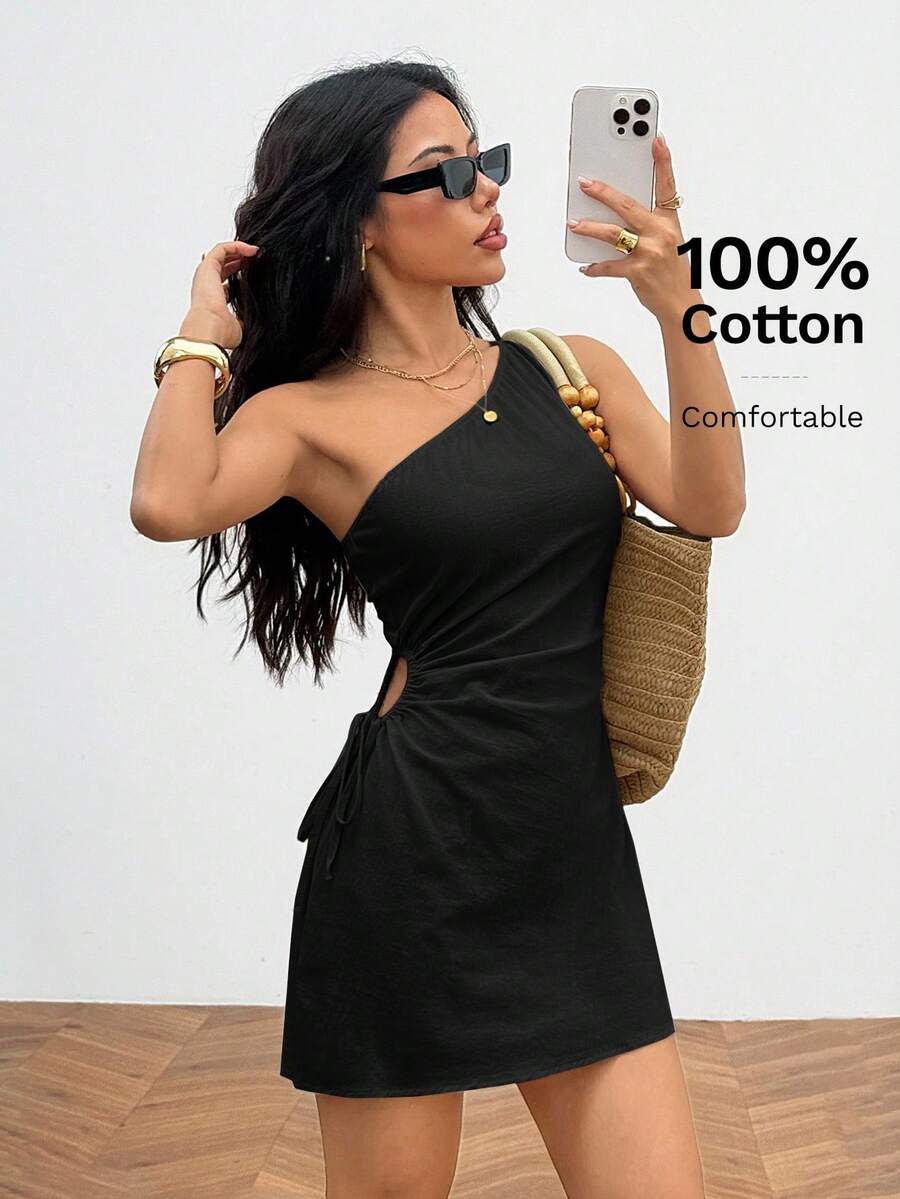 SHEIN PETITE 女款單肩迷你洋裝 100%純棉 舒適透氣,適合嬌小女性 - 黑色 - 查看 1