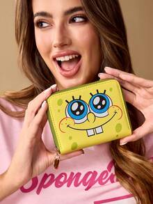 SpongeBob SquarePants | SHEIN 1 件装可爱卡通图案印花拉链 PU 皮革短钱包，风琴式隔层，卡位收纳，适合青少年和女士，笑容灿烂，送礼佳品 - 黃色 - 查看 2