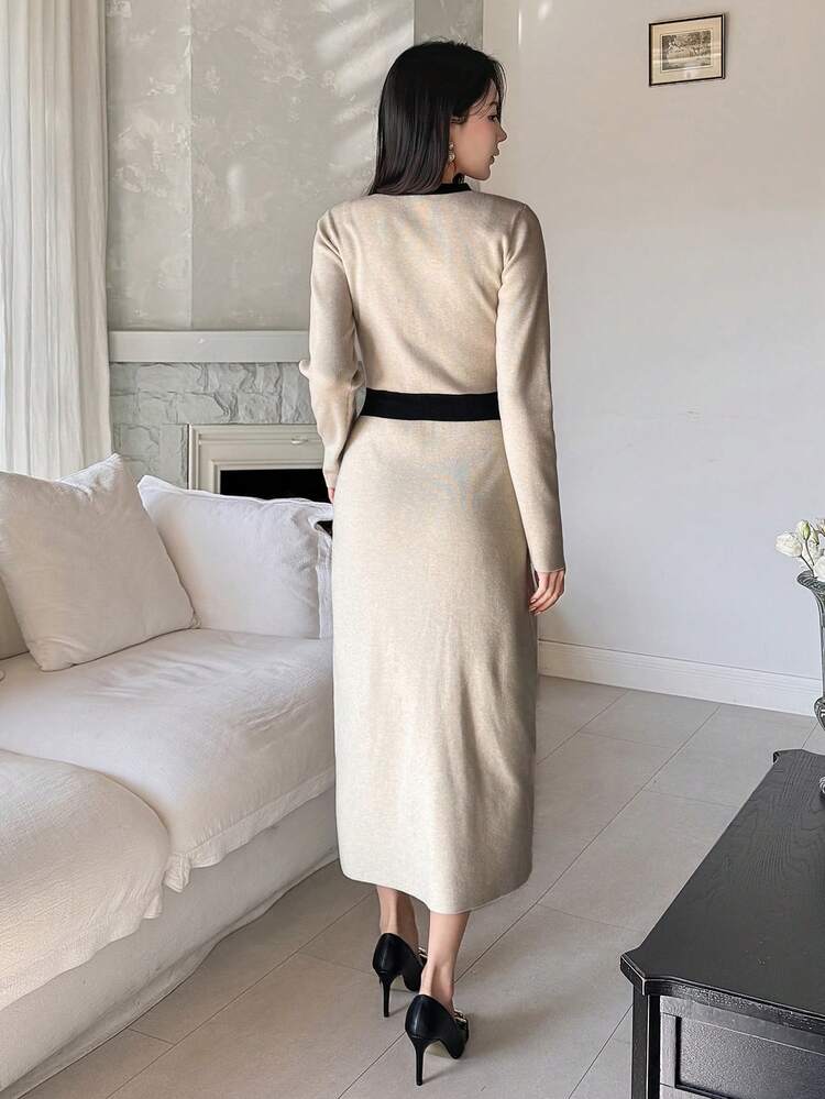Women's Elegant Colorblock Faux Pocket Button Embellished Sweater Dress, Autumn/Winter