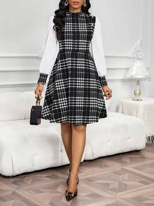 SHEIN Lady 女士时尚休闲千鸟格印花立领中长连衣裙 - 彩色 - 查看 6