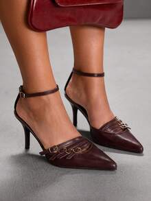 CUCCOO SZL Sapatos de salto médio com tira em T e tira no tornozelo da moda feminina - Castanho Café - Ver 2
