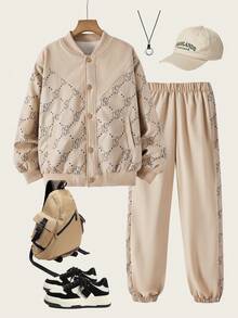 Boys' Casual Hoodie Jacket & Pants Set, Fashion Varsity Style, Brown Long Sleeve Fleece Hoodie With Button Closure, Ribbed Hem & Cuffs, Brown Pants With Side Letter Print, Suitable For Autumn/Winter Outings, Shopping, Commuting, Vacation - Brown - View 4