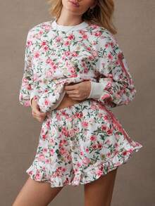 WESTFADE Floral Print High Rise Velvet Striped Sides Ruffle A Line Sweatshort - Multicolor - View 1