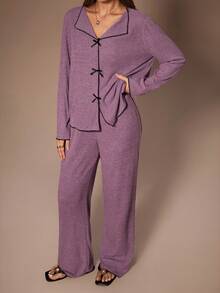 HautHeat 女士罗纹磨毛V领蝴蝶结长袖长裤睡衣套装，秋冬竹纤维睡衣，薰衣草色女士睡衣套装，女士家居服套装，紫色长袖家居服套装 - 紫色 - 查看 5