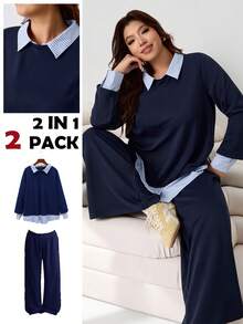 Solflare 2025秋冬休闲套装，百搭条纹衬衫叠穿卫衣长裤套装，宽松版型，藏蓝色，大码两件套 - 彩色 - 查看 1