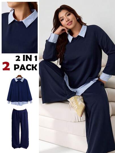 Solflare Set casual da 2 pezzi per autunno/inverno 2025, composto da camicia a righe e felpa sovrapposta, pantaloni, vestibilità morbida, colore blu navy, taglie comode