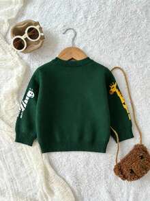 SHEIN Playful Pals Baby Boys' Dark Green Lion & Giraffe Jacquard Knit Sweater,Cute Autumn Matching Family Pullover,Soft Casual Holiday Jumper For Christmas & Halloween - Green - View 2