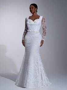 Elitara Robe de mariée grande taille sexy blanche à col profond drapé, manches longues, encolure transparente, décoration appliquée, ourlet sirène avec traîne - Blanc - Voir 1