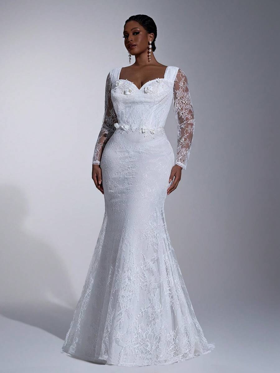 Elitara Robe de mariée grande taille sexy blanche à col profond drapé, manches longues, encolure transparente, décoration appliquée, ourlet sirène avec traîne - Blanc - Voir 1
