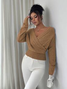 SHEIN Elenzya 女士优雅交叉V领露背毛衣，秋冬款 - 薑色 - 查看 7