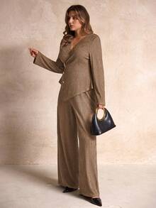 Elegantrix 秋冬女装时尚休闲纯色纹理金属扣带不对称开衩裤套装，时尚外出，女士办公室装，工作/办公室 - 卡其色 - 查看 7