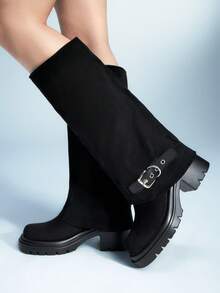 Sugerpunk 女士可调节搭扣粗跟高跟过膝长靴，时尚通勤两相宜。 - 黑色 - 查看 3