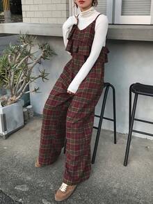 FRIFUL Women's Sleeveless Layered Ruffle Plaid Wide Leg Jumpsuit, Thick Warm Lining For Autumn/Winter Romper - Brown - View 9