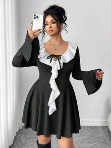 Elenzga Plus Size Women's Fitted Flare Sleeve Mini Black & White Dress, Fashionable Tie-Waist V-Neck Patchwork White Ruffle Hem Elegant A-Line Dress - Black and White - View 6