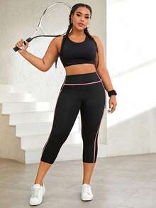 Easithlete 大码撞色高腰紧身口袋七分裤 - 彩色 - 查看 4