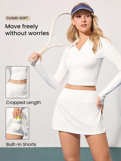 CourtClass Women's Solid Color Long Sleeve Collared Top And Skirt Tennis Outfit Set Tennis Dress Long Sleeve Women Tennis Skirt Set