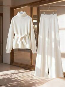 SHEIN Sparklyn 青少年女孩纯色高领落肩长袖系带毛衣和针织裤休闲套装，秋冬