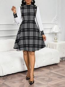 SHEIN Lady 女士时尚休闲千鸟格印花立领中长连衣裙 - 彩色 - 查看 7