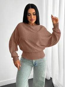 EURMUSE Áo len dệt kim có cấu trúc với tay áo bồng bềnh, eo ôm, bo cong - Màu nâu  Mocha - Xem 3