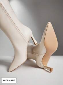 SHUZIA Women's Wide-Calf Sexy Point Toe Comfortable Zip-On Stiletto Heel Faux Suede Mid-Calf Boots For Christmas - White - View 7